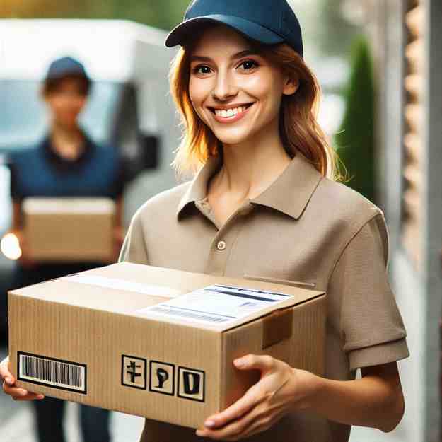 Female delivery driver ensuring secure parcel delivery backed by full workplace support
