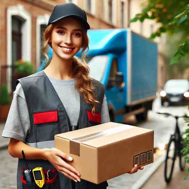 Female driver delivering parcels with strong cover for customer peace of mind