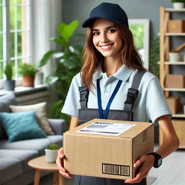 Happy customer receiving a parcel from a well-protected courier