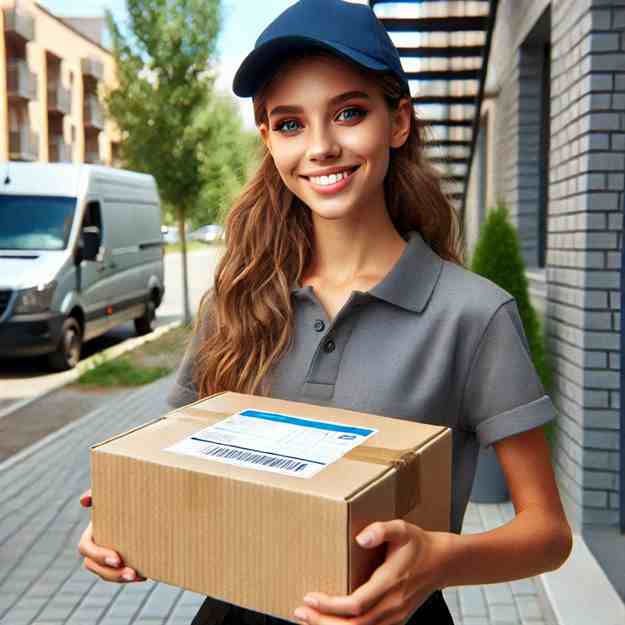 Courier completing a secure delivery during peak hours with workplace backing