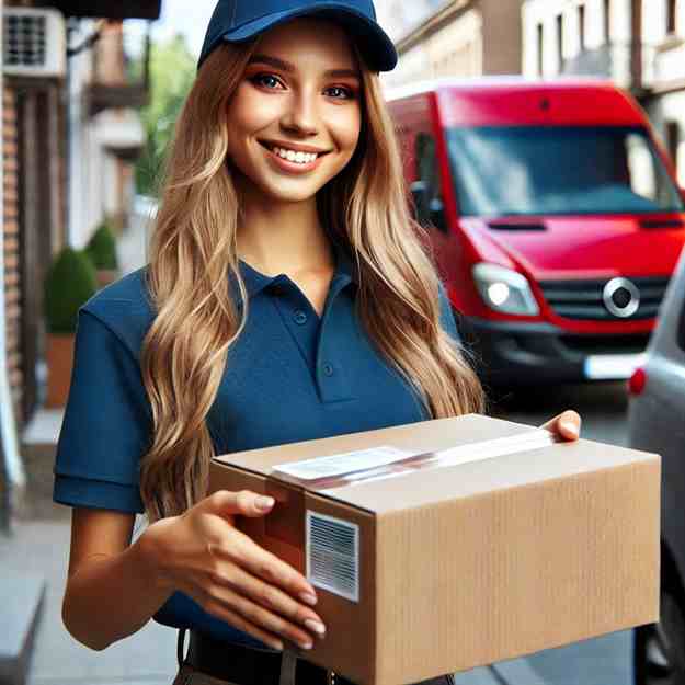 Female courier delivering parcels in a residential neighborhood, fully protected