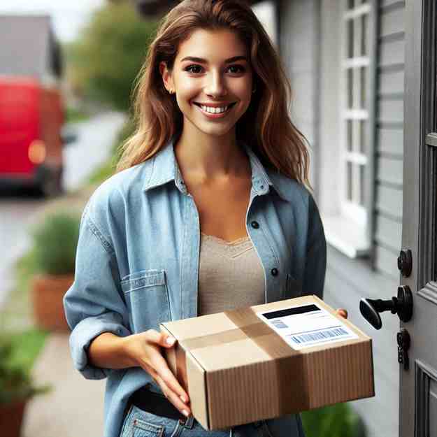Customer receiving a parcel from a professional, fully supported courier