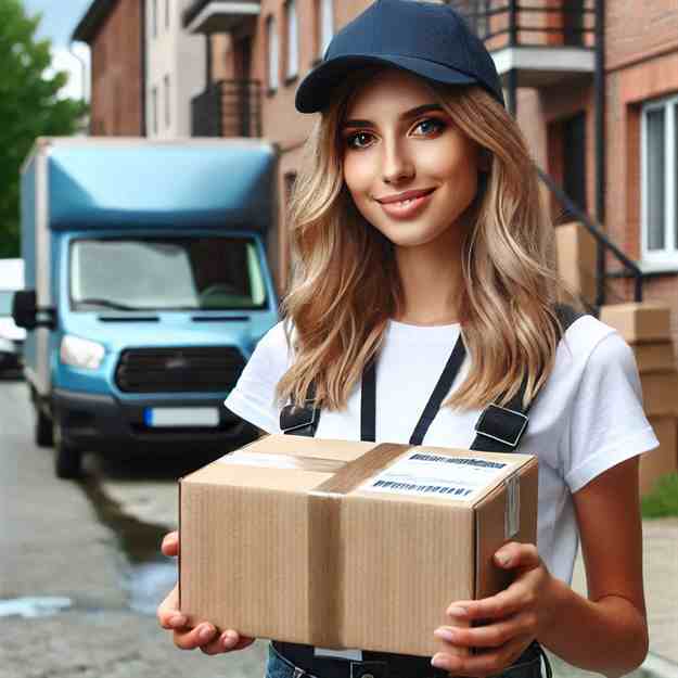 A cheerful delivery driver handing a box to a customer, fully supported