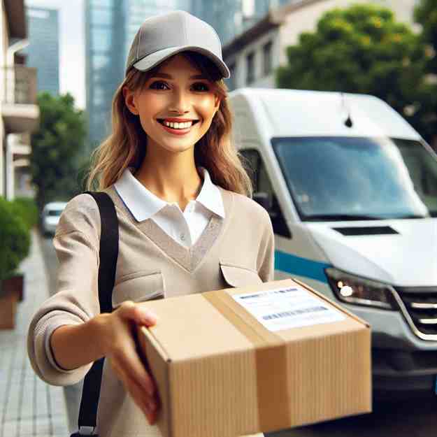 Confident courier delivering parcels in an urban setting with full workplace backing