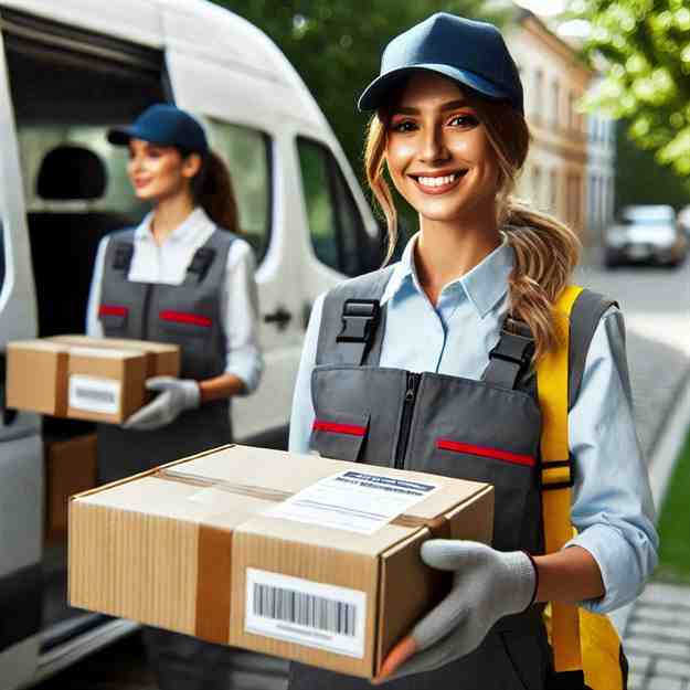 Courier delivering parcels safely with full cover for her delivery work