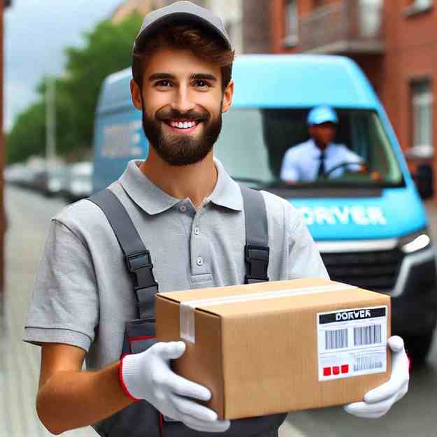 Professional male driver delivering parcels efficiently in a quiet neighborhood