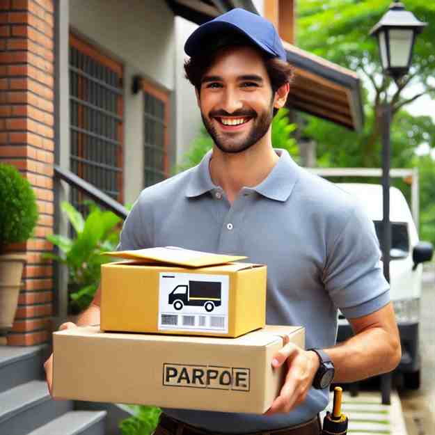 Male delivery driver handing a parcel to a customer, protected for his role