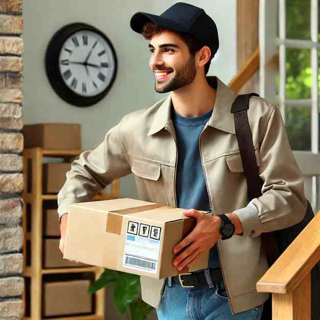 Happy courier completing a delivery with robust protection for his job