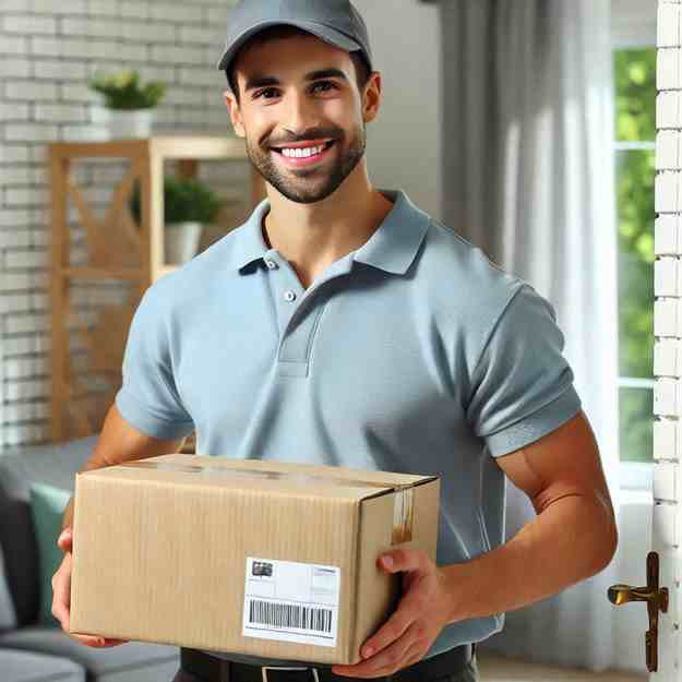 Happy delivery driver handing over a parcel, appreciating reliable work support