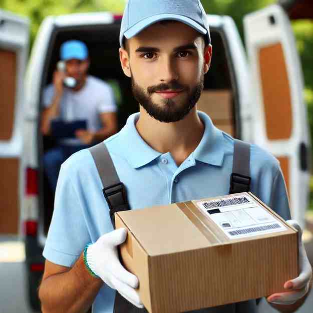 Confident courier delivering parcels in an urban setting with full workplace backing